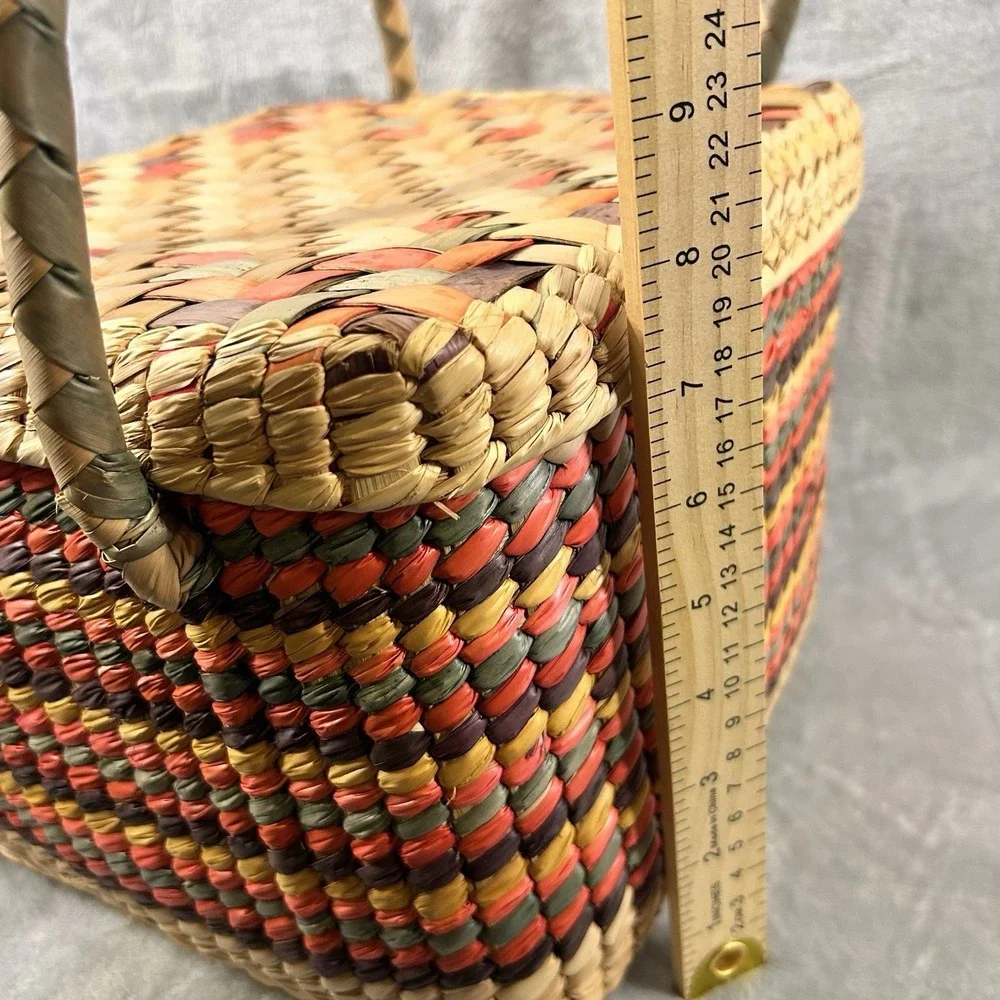 Mexican Square Basket W/‎ Handles & Lid, Colorful Woven Straw Boho Picnic Beach